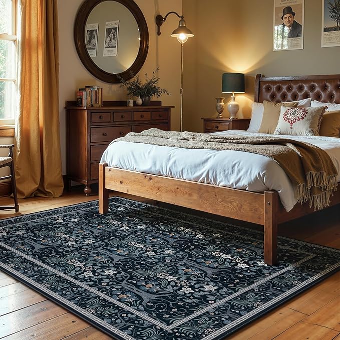 Joydeco Machine Washable Area Rugs 5x7, Boho Floral Rug for Bedroom Non Slip, Soft Forest Botanical Low-Pile Floor Indoor Throw Carpet for Living Dining Room Dorm Office, Blue-Black-CubbioJoy