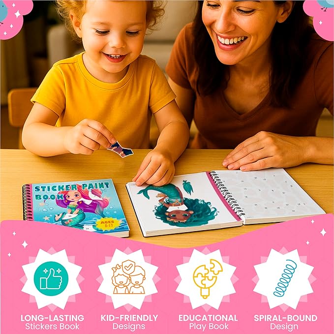 BulbaCraft 4Pcs Sticker Paint Books for Girls - Sticker Books by Number with Mermaids, Princesses, Animals and Horses - Coloring Activity for Kids-CubbioJoy