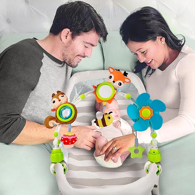 Baby Stroller Arch Mobile, Adjustable Musical Cirb Mobile Toys with Universal Clamps, Versatile Activity Toy Bar for Baby Bouncer Infant Car Seat Toy Stroller Toys Mobile for Bassinet Crib - Orange-CubbioJoy