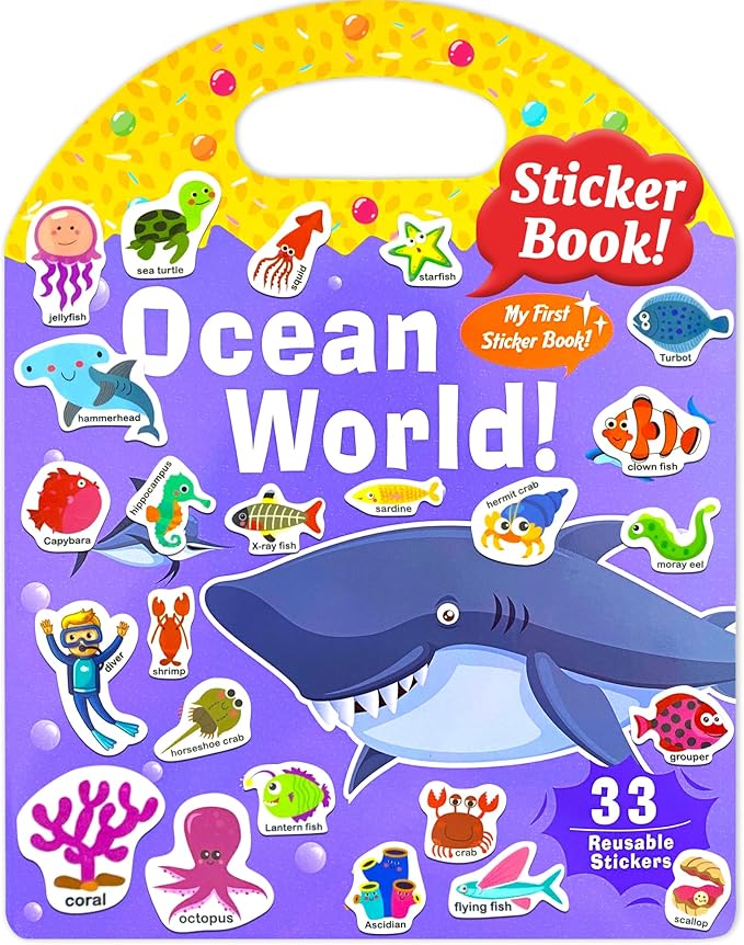 Benresive Reusable Sticker Book for Toddlers 2-4 Years, Fun Travel Stickers for Kids, Waterproof Sticker Books for Toddlers 1-3, Crafts Activities for Todddlers 1-3 2-4 3-5 - Ocean World-CubbioJoy