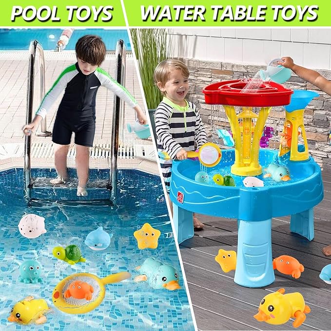 Bath Toys for Babies 6-12 Months+, Wind-up Ducks Bath Toys for Kids Ages 1-3, No Hole Ocean Animal Floating Pool Toys, Watering Can Fishing Net Water Toys for Toddlers-CubbioJoy