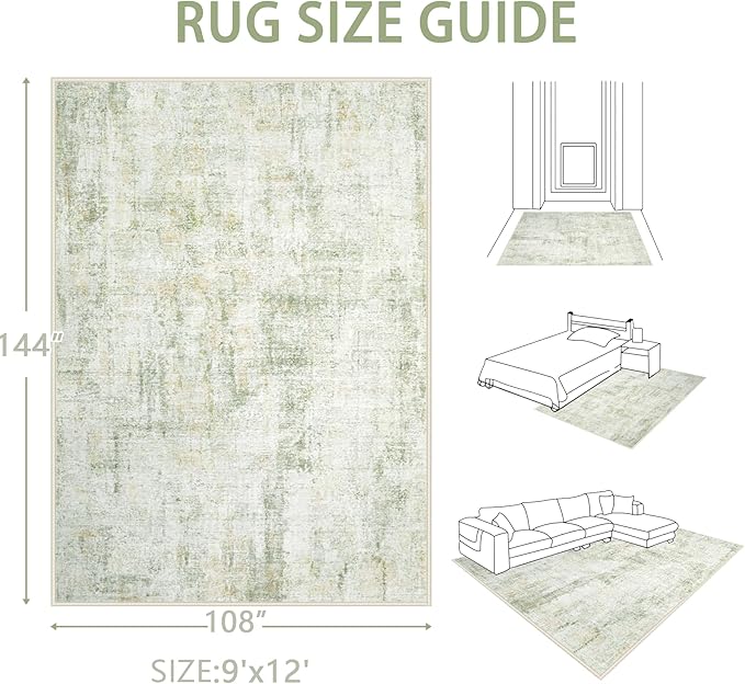 Area Rugs 9x12 Living Room: Washable Rug Modern Abstract Large Rugs Soft Non Slip Neutral Rug Stain Resistant Indoor Carpet for Bedroom Kitchen Dining Room Home Office Rugs(Green Brown,9'x12')-CubbioJoy