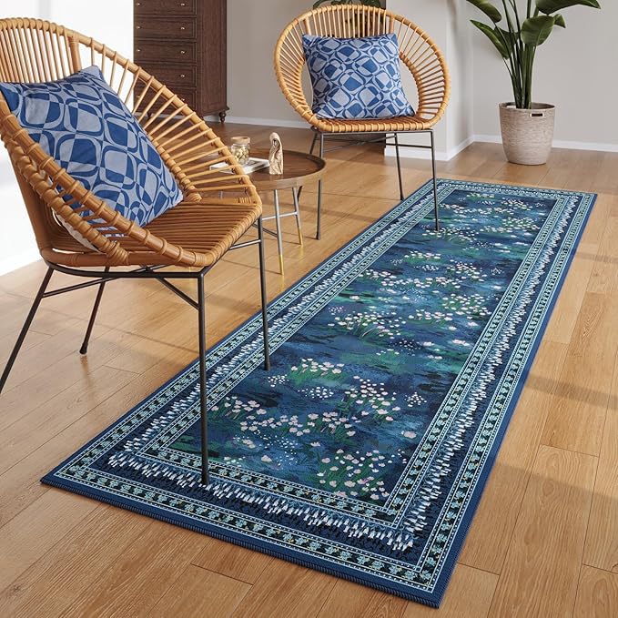 2x6 Runner Rug Impressionist-Style Vintage Kitchen Rugs Non Slip Washable Soft Carpet Runner for Kitchen Laundry Bedroom Bathroom, Blue-CubbioJoy