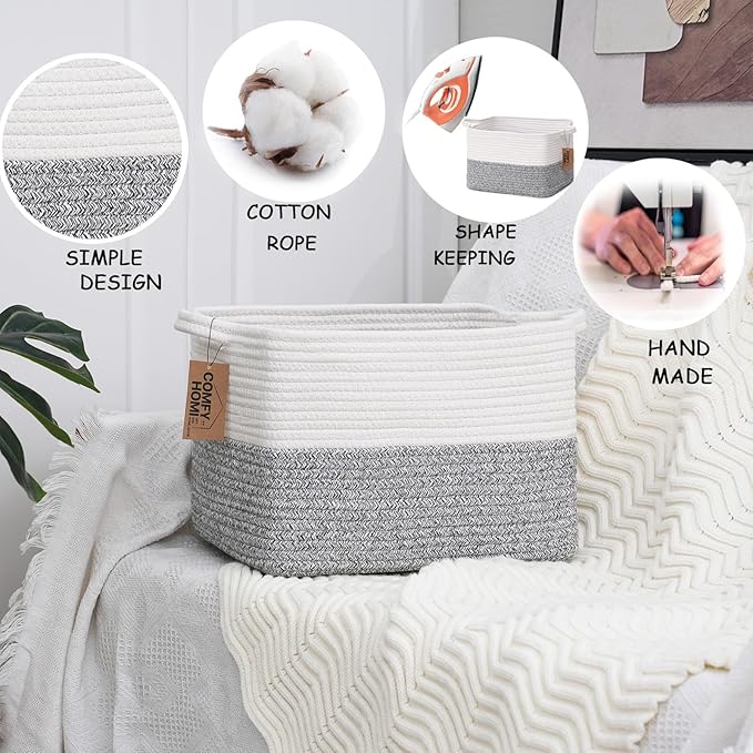 COMFY-HOMI 3-Pack Cotton Rope Woven Basket with Handles for Shelves, Book, Cloth Basket|Dog Toy Basket for Organizingy|13.5" x 11" x 9.5" for Bedroom（White/Grey）-CubbioJoy