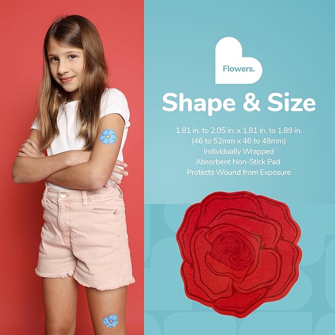 BioSwiss Bandages, Flowers Shaped Self Adhesive Bandage, Latex Free Sterile Wound Care, Fun First Aid Kit Supplies for Kids and Adults, 24 Count-CubbioJoy