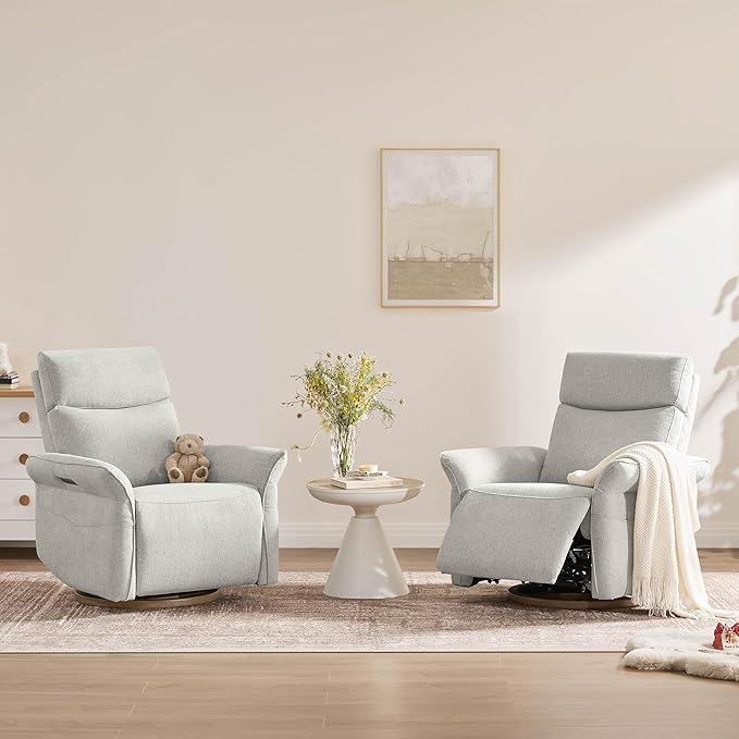 CHITA Power Recliner Chair, Electric Triple-Motor Swivel Glider Nursery Rocking Chair with Adjustable Power Headrest and Lumbar Support, GREENGARD Gold Certified, Solid Wood Base, Crockery Grey-CubbioJoy