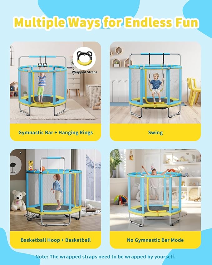 55” Trampoline for Kids, Powder-Coated Mini Trampoline for Toddlers, Indoor Outdoor Toys with Adjustable Gymnastics Bar, Swing, Basketball Hoop, Birthday Gifts for Boys & Girls Ages 1-8-CubbioJoy