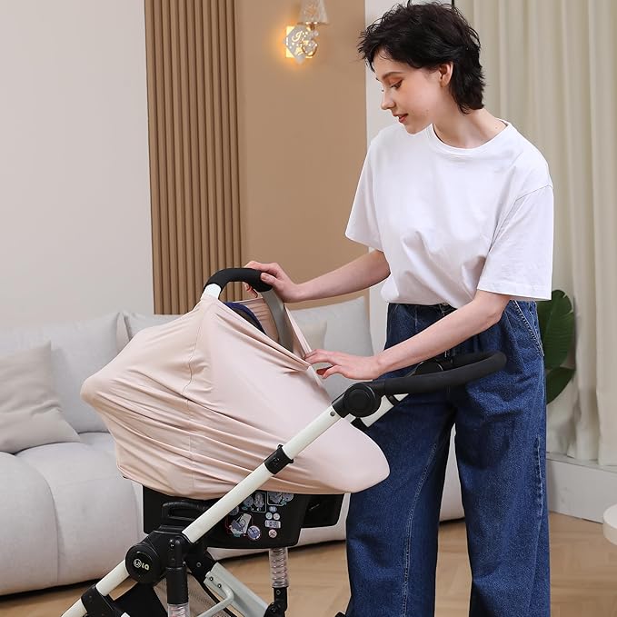 Breathable Car Seat Cover for Babies – Multi-Purpose Soft Rayon Nursing Cover for Breastfeeding, High Stretchy Infant Carseat Canopy, Stroller Cover (Smooth Rayon, Warm Natural)-CubbioJoy