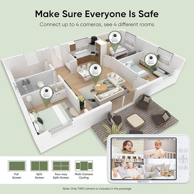 bonoch MegaView Baby Monitor No WiFi, 10" 720p Video Baby Montior with Camera and Audio, Up to Quad Split Screen, 10000mAh Battery, VOX Mode, Remote PTZ, Night Vision, for Multi-Child, Pets, Elderly-CubbioJoy