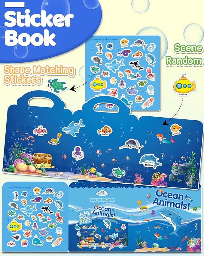Benresive Reusable Sticker Book for Toddlers 2-4 Years, Fun Travel Stickers for Kids, Waterproof Sticker Books for Toddlers 1-3, Crafts Activities for Todddlers 1-3 2-4 3-5 - Ocean Animals-CubbioJoy