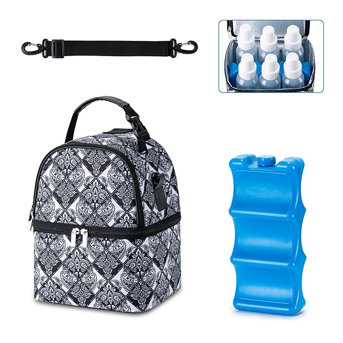 Breastmilk Cooler Bag with Ice Pack Fits 6 Baby Bottles up to 9 Ounce, Breast Milk Pump Cooler Bag with Shoulder Strap for Nursing Mom Daycare, Work, Travel- Black-CubbioJoy