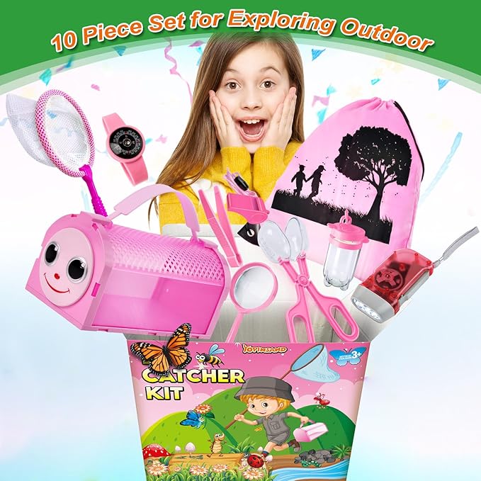 Bug Catcher Kit & Outdoor Explorer Kit for Kids, 10 Pcs Bug Catching Kit with Toy Cage, Backpack, Flashlight, Manifying Glass, Toy Net, Outdoor Exploration Toys Gift for Boys Girls 3-12-CubbioJoy