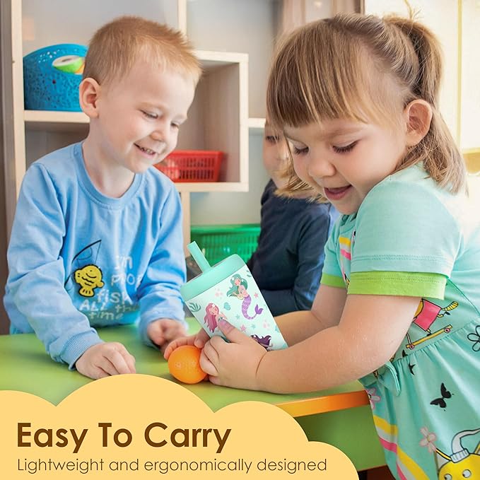 Kid Insulated Stainless Steel Tumbler with Silicone Straw, 12oz Sippy Cup for Kids (Magical Mermaids)-CubbioJoy