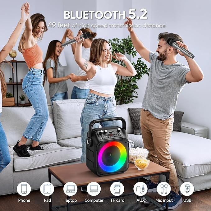 Karaoke Machine, Portable Bluetooth Speaker with 2 Wireless Microphones for Adults & Kids with Lights, Karaoke Microphone with PA System Supports USB/TF/REC/FM/AUX for Home Party Home System Packages-CubbioJoy