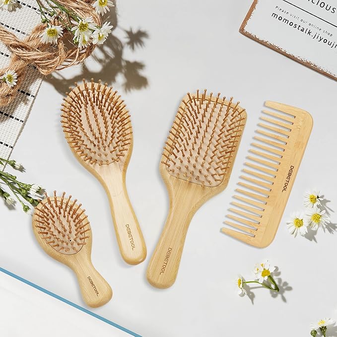 Bamboo Hair Brush Set, Natural Wooden Bamboo Comb Paddle Detangling Hairbrush for Hair Growth - Wide-tooth and Tail Comb Suitable for Thick/Thin/Curly/Dry Hair-CubbioJoy