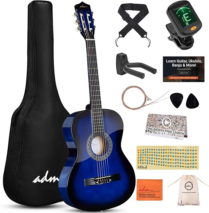 ADM Beginner Acoustic Classical Guitar 38 Inch Nylon Strings Wooden Guitar Bundle Kit for Kid Boy Girl Student Youth Guitarra Online Lessons with Gig Bag, Strap, Tuner, Strings, Blue-CubbioJoy