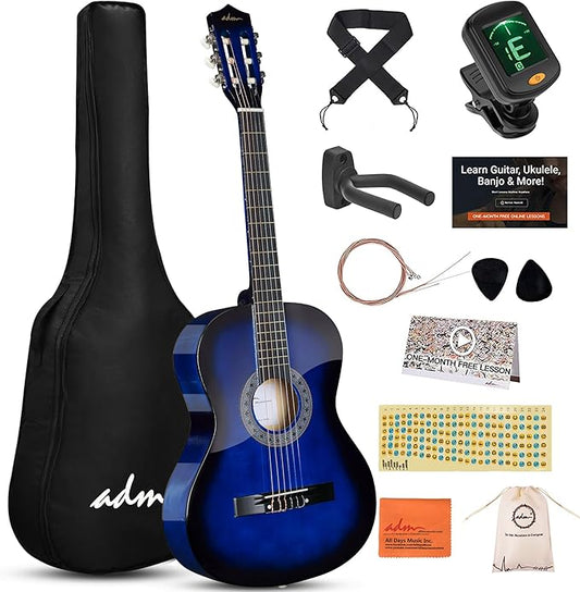 ADM Beginner Acoustic Classical Guitar 38 Inch Nylon Strings Wooden Guitar Bundle Kit for Kid Boy Girl Student Youth Guitarra Online Lessons with Gig Bag, Strap, Tuner, Strings, Blue-CubbioJoy