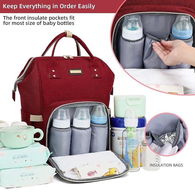 Diaper Bag Backpack, Diaper Bags for Baby Girls Boys, Baby Bags for Moms Dads, Nappy Changing Bag with Insulated Pockets,Multi-functional Waterproof Backpack with Stroller straps-Red-CubbioJoy