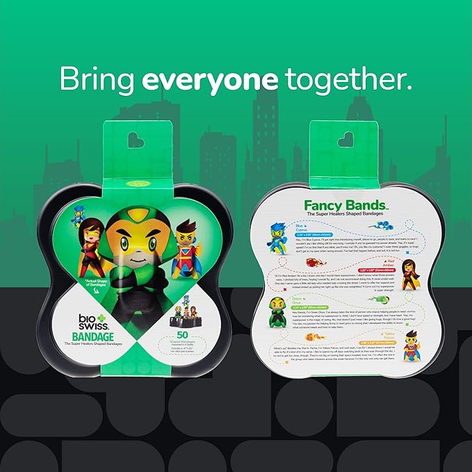 BioSwiss Bandages, Super Healers Superhero Shaped Self Adhesive Bandage, Latex Free Sterile Wound Care, Fun First Aid Kit Supplies for Kids and Adults, 50 Count-CubbioJoy