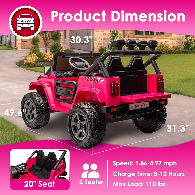 24V 2 Seater Ride On Truck with Remote Control 4WD Electric Car for Kids Ride On Car Battery Powered Ride On Toy Car with Music Player, LED Lights, Bluetooth, Rear Shock Absorber, Hot Pink-CubbioJoy