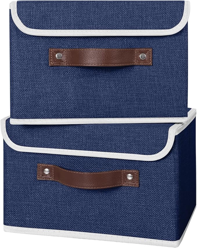 ANMINY 4PCS Storage Bins with Lid PU Leather Handles Storage Boxes PP Plastic Board Decorative Foldable Lidded Cotton Linen Fabric Home Cubes Baskets Closet Organizer Containers - Blue, Small Size-CubbioJoy