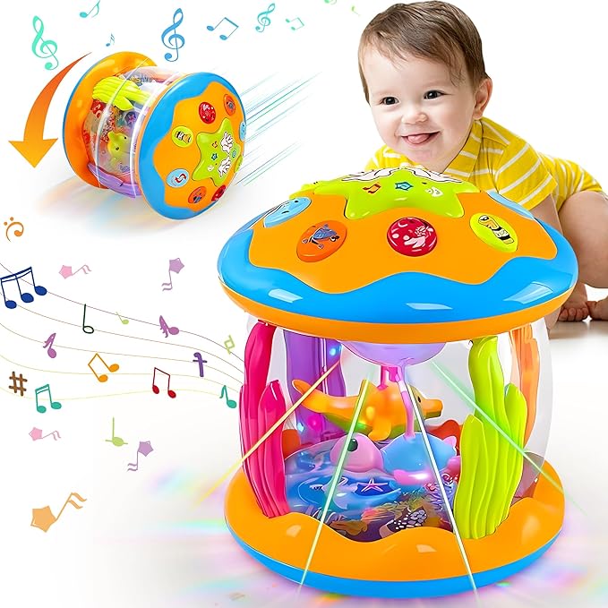 Baby Toys 6 to 12 Months - Musical Rotating Light Up Infant Toys, Early Learning Toys Baby Crawling Drum Toy, Tummy Time Educational Sensory Baby Girl Gifts for Toddlers 1 2 3 Years Old-CubbioJoy