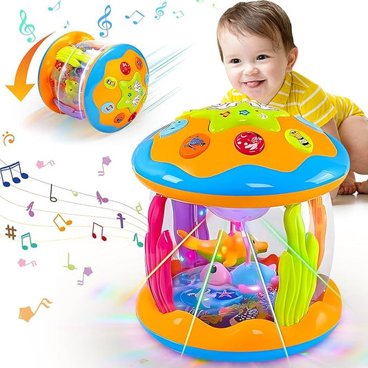 Baby Toys 6 to 12 Months - Musical Rotating Light Up Infant Toys, Early Learning Toys Baby Crawling Drum Toy, Tummy Time Educational Sensory Baby Girl Gifts for Toddlers 1 2 3 Years Old-CubbioJoy