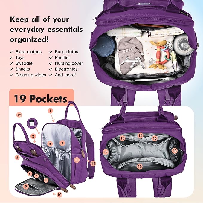 Dikaslon Diaper Bag Backpack with Portable Changing Pad, Pacifier Case and Stroller Straps, Large Unisex Baby Bags for Boys Girls, Multipurpose Travel Back Pack Moms Dads, Purple-CubbioJoy