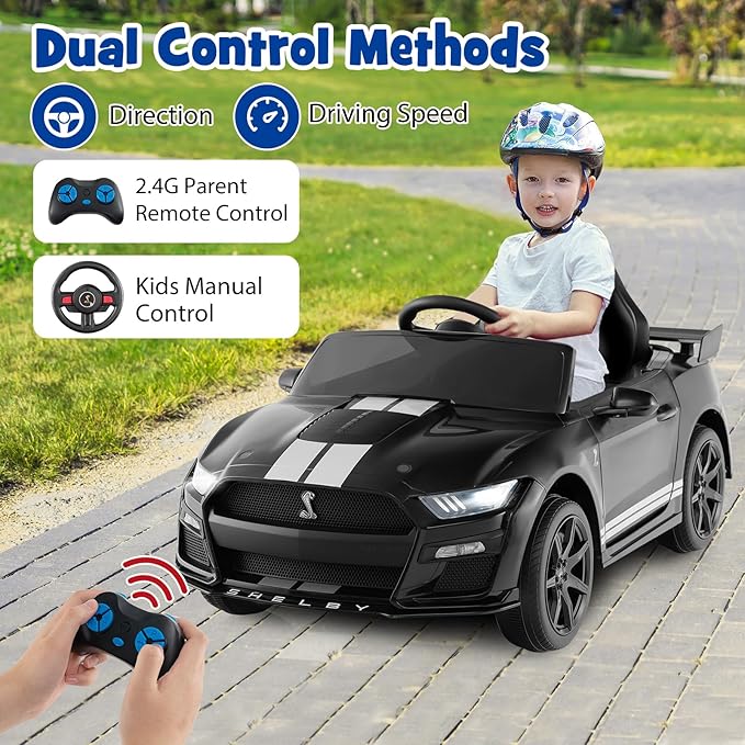 Costzon Ride on Car, 12V Licensed Ford Mustang Shelby GT500 Kids' Electric Vehicles w/Remote Control, USB Port, Radio, Music, Player, High Low Speed & Soft Start, Racing Kids Car for Toddler (Black)-CubbioJoy