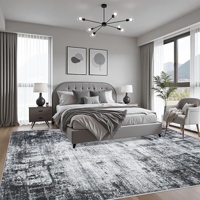 5x7 Area Rug Living Room Rug: Washable Modern Abstract Soft Thin Rug Indoor Floor No Slip Stain Resistant Carpet for Bedroom Dining Room Farmhouse Nursery Home Office - Dark Black-CubbioJoy