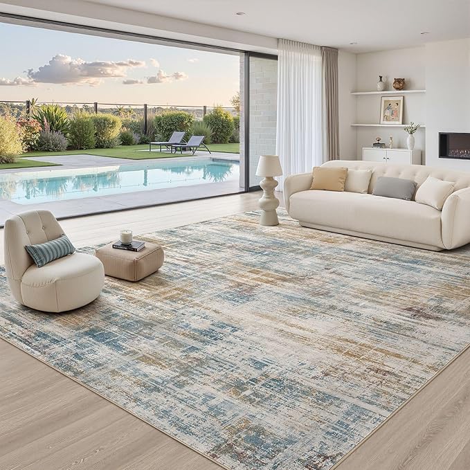 Area Rug for Living Room: 7x9 Washable Neutral Abstract Modern Soft Rugs Non Slip Indoor Floor Stain Resistant Large Carpet for Bedroom Dining Room Office Nursery - Blue Brown-CubbioJoy