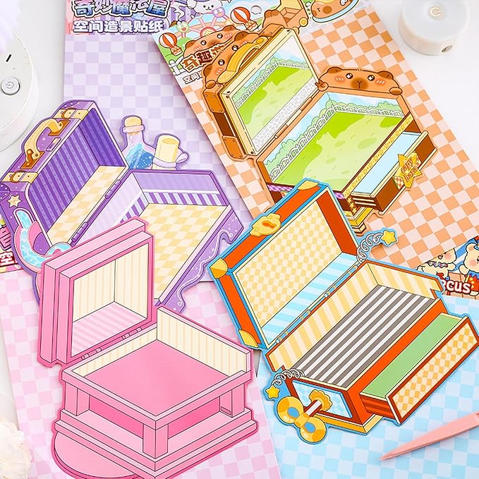 4 Sets DIY 3D Stickers Scene for Adults Teen Girls, Large 3D House Sticker Therapy Cute Cartoon Animal Scenes Sticker, Make Your Own Mini Room Scenes，Relief Stress Pass The Time Birthday Gift-CubbioJoy