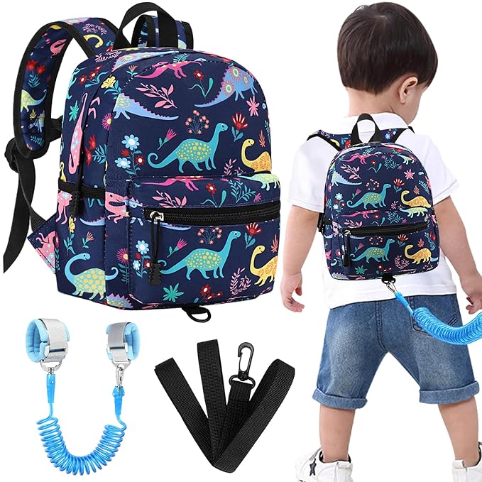 Accmor Toddler Backpack Leash with Anti Lost Wrist Link, Cute Mini Child Walking Harnesses Keep Kids Close Back Pack Rope Tether Rein for Baby Boys (Navy Blue/Dinosaur)-CubbioJoy