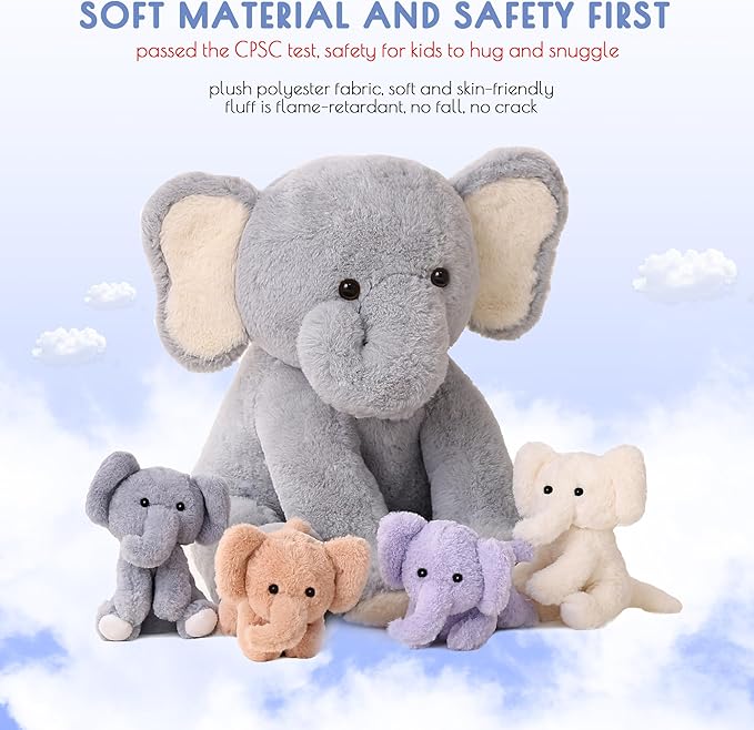 5 Pieces Elephant Stuffed Animals for Girls, 1 Mommy Elephant with 4 Babies Soft Plush Set Toys Gifts for Kids Children 3 4 5 6 7 8 9 Years, Christmas, Birthday, Children's Day-CubbioJoy
