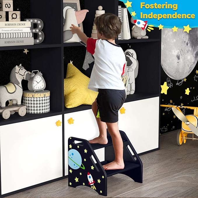 AMBIRD Toddler Step Stool, Space Wooden Two Step Stool for Kids with Non-Slip Pads, Portable Potty Training Stool with Handles for Bathroom, Sink, Kitchen, Bedroom-CubbioJoy