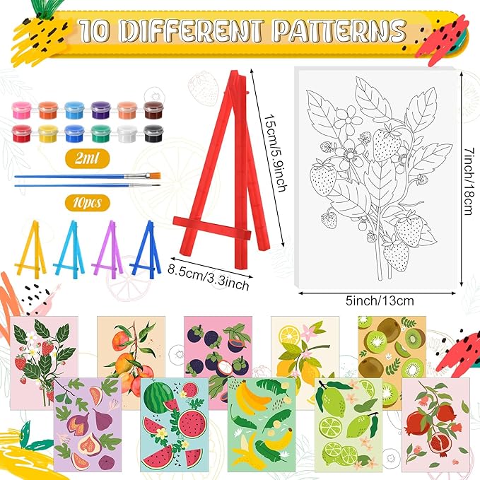 Blosssound 10 Set Pre Printed Canvas Pre Drawn Canvas Painting with Easel Kits 5" x 7" Outline Painting Panels for Beginners, DIY Craft Project, Party Favor, Home Decors(Fruit)-CubbioJoy