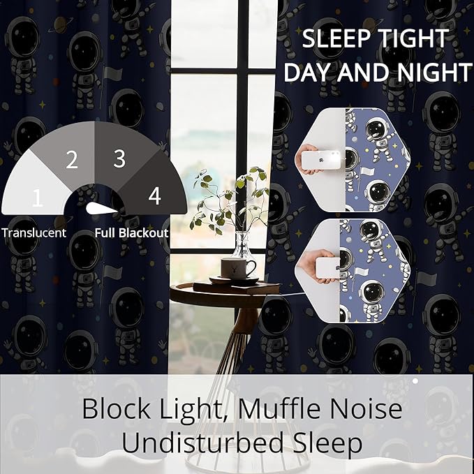 Kids Astronaut Blackout Curtains - 100% Blackout, Thermal Insulated, Noise Reducing, Perfect for Kids Room and Nursery, 2 Panels (Spacewalk Buddies, W52×L84)-CubbioJoy