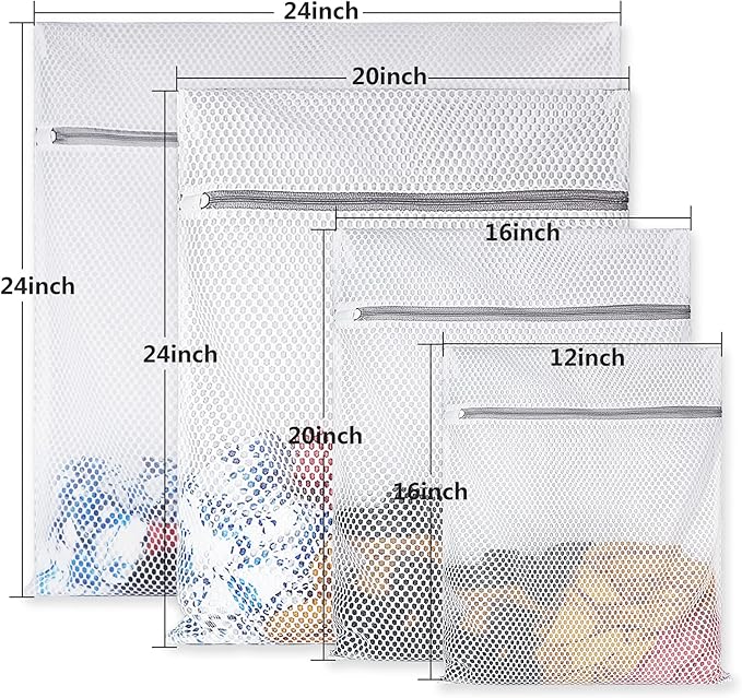 4Pcs Durable Honeycomb Mesh Laundry Bags for Delicates Reusable Wash Bag(1XX-Large 24 x 24 Inches,1X-Large 20 x 24 Inches,1 Large 16 x 20 Inches, 1 Medium 12 x 16 Inches)-CubbioJoy