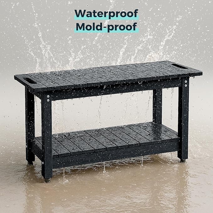 35" Shower Bench, Waterproof Poly Lumber Shower Stool for Shaving Legs, Shower Chair Seat Holds up to 400lbs, Bathroom Bench for Inside Shower, Non-Slip (Black)-CubbioJoy