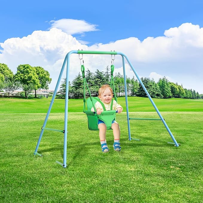 2-in-1 Toddler Swing Set with Metal Stand, Safety Belt & 4 Anchors - A-Frame Swing for Kids 6 Months+ (Blue, Indoor/Outdoor Backyard Playground)-CubbioJoy