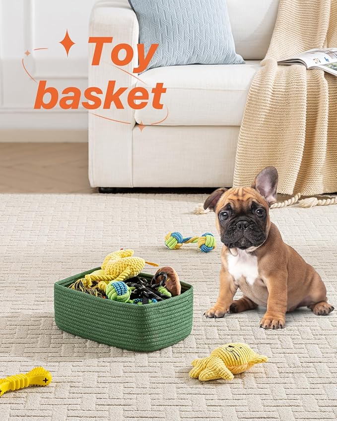 KALLAX Small Woven Basket, 12 x 8 x 4.5 Inches, Storage Basket for Organizing, Cute Small Rope Shelf Closet Cube Storage Bins Baskets for Shelves, Dog Toy Gift Baskets Empty, 3 Packs, Green-CubbioJoy