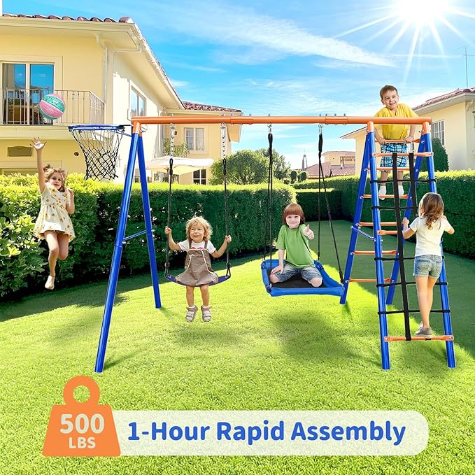 5-in-1 Heavy-Duty Metal Swing Set for Backyard - 500lb Capacity Outdoor Playset with Basketball Hoop & Climbing Rope-CubbioJoy