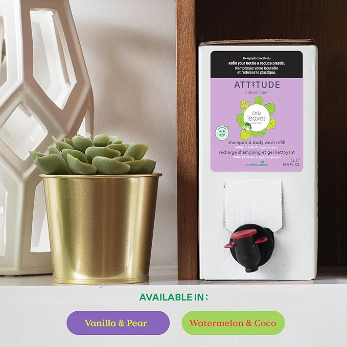 ATTITUDE Shampoo and Body Wash for Kids, EWG Verified Hair and Body Cleanser, Dermatologically Tested Soap, Plant and Mineral Based Bath Products, Vegan, Bulk Refill, Vanilla and Pear, 67.6 Fl Oz-CubbioJoy