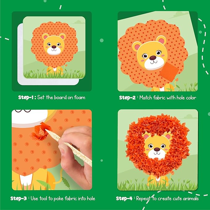 jackinthebox Poke Poke Art – Animals Theme, Mess-Free Fabric Art and Craft, Flower Pressing Kits, Gift for Kids, Girl Gifts, Boy Gift, Toys for Girls and Boys Ages 4 5 6 7 8-CubbioJoy