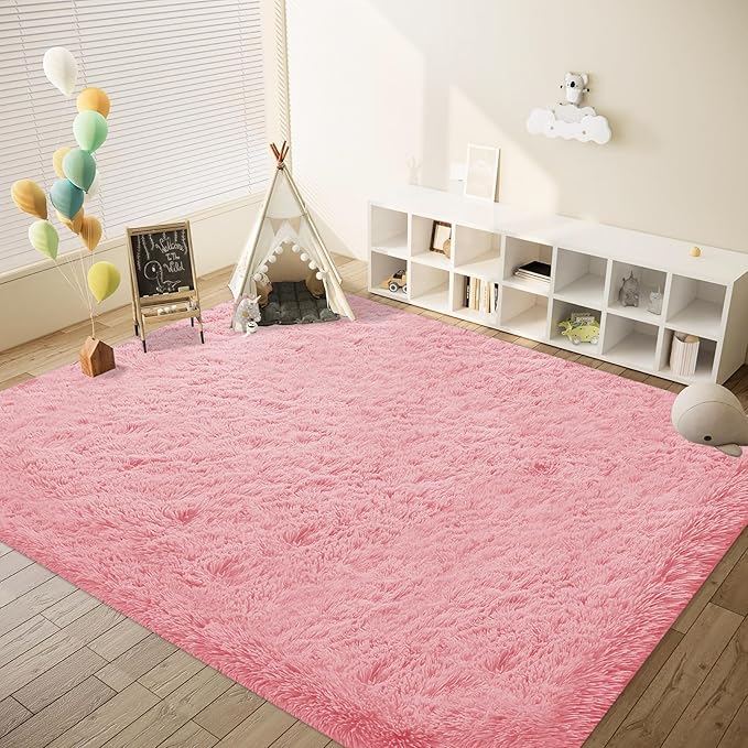 8x10 Area Rug for Living Room: Fluffy Shag Soft Washable Rugs Large Fuzzy Plush Indoor Carpet for Bedroom Nursery Playroom Kids Girls Boys Room (Pink, 8'x10')-CubbioJoy