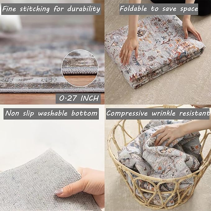 5x7 Washable Area Rug Gray Vintage Traditional Floor Cover Foldable Thin Kitchen Accent Indoor Distressed Non Slip Carpet Floral Print Mat Bedroom Living Room Bathroom-CubbioJoy