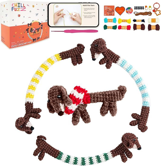 ChillFuzz Animal Crochet Kit Beginner Crochet Kit for Adults and Kids with Yarn Hook and Instructions Perfect Handmade Gift for Pet Lovers Dachshund-CubbioJoy