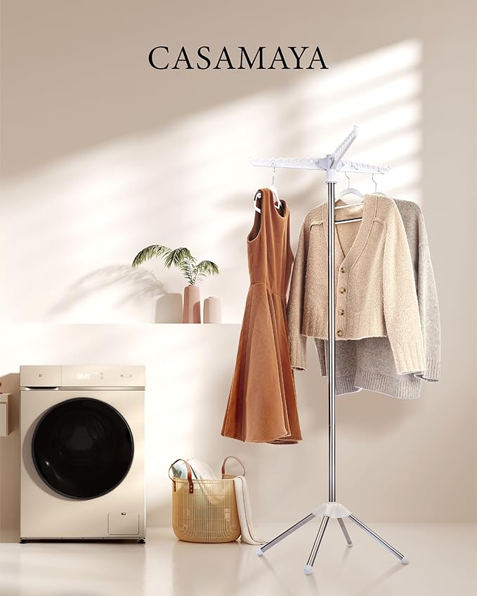 Clothes Drying Rack Foldable, 59 inch Tripod Laundry Drying Rack Indoor with Rotating Clothes Rail for 27 Pieces of Clothes, Space Saving, Stainless Steel, White and Silver CDR001W01-CubbioJoy