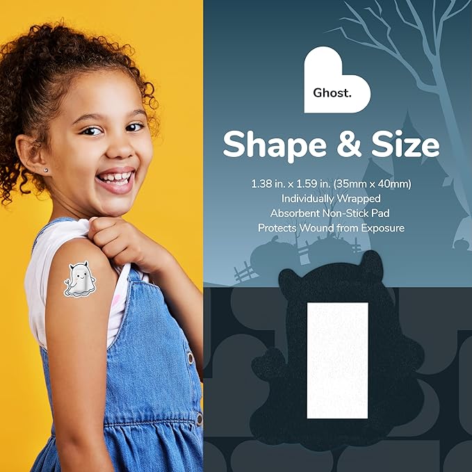 BioSwiss Bandages, Halloween Ghost Shaped Self Adhesive Bandage, Latex Free Sterile Wound Care, Fun First Aid Kit Supplies for Kids, 50 Count-CubbioJoy