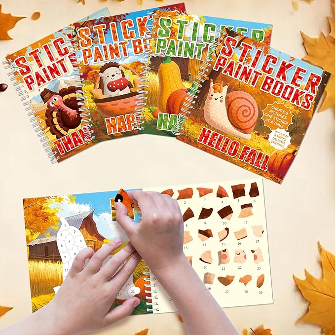 4PCS Thanksgiving Paint by Sticker Books Crafts for Kids Ages 4-8 Fall Sticker by Number Books Activity Book for Kids Age 3-5 Puzzle Book Craft Art Toddler Gift with Turkey Pumpkin 32 Pictures-CubbioJoy
